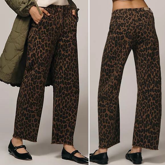 Le Jean Anthropologie NWT Utility Soft Barrel Jeans Leopard Animal 32 Brown